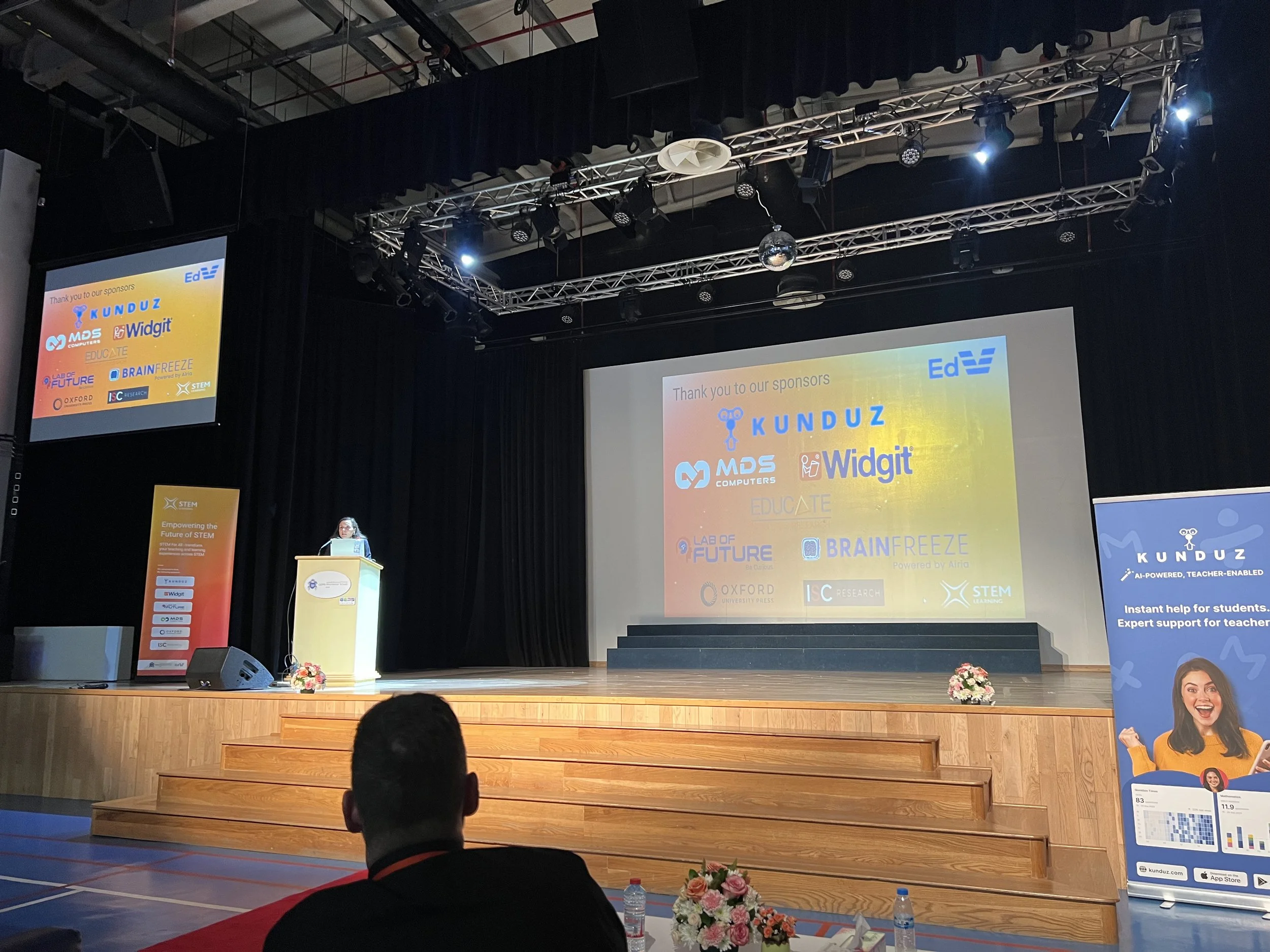 STEMforAll attendees and sponsors on stage at GEMS Winchester School, Dubai